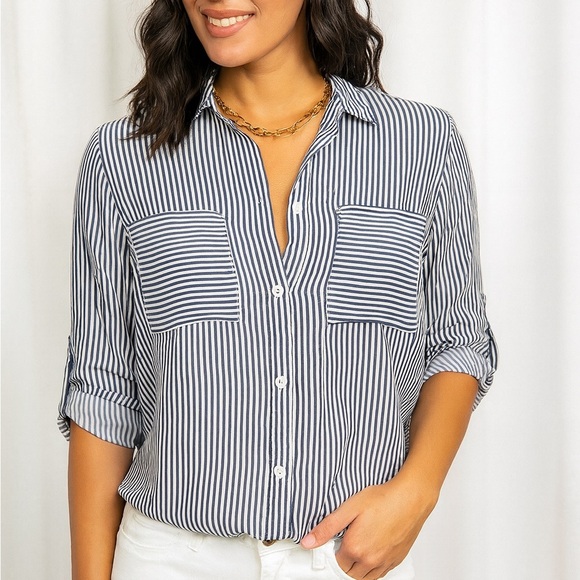 Thread & Supply Blue and White Striped Button-Down Shirt (1016) - Picture 1 of 12